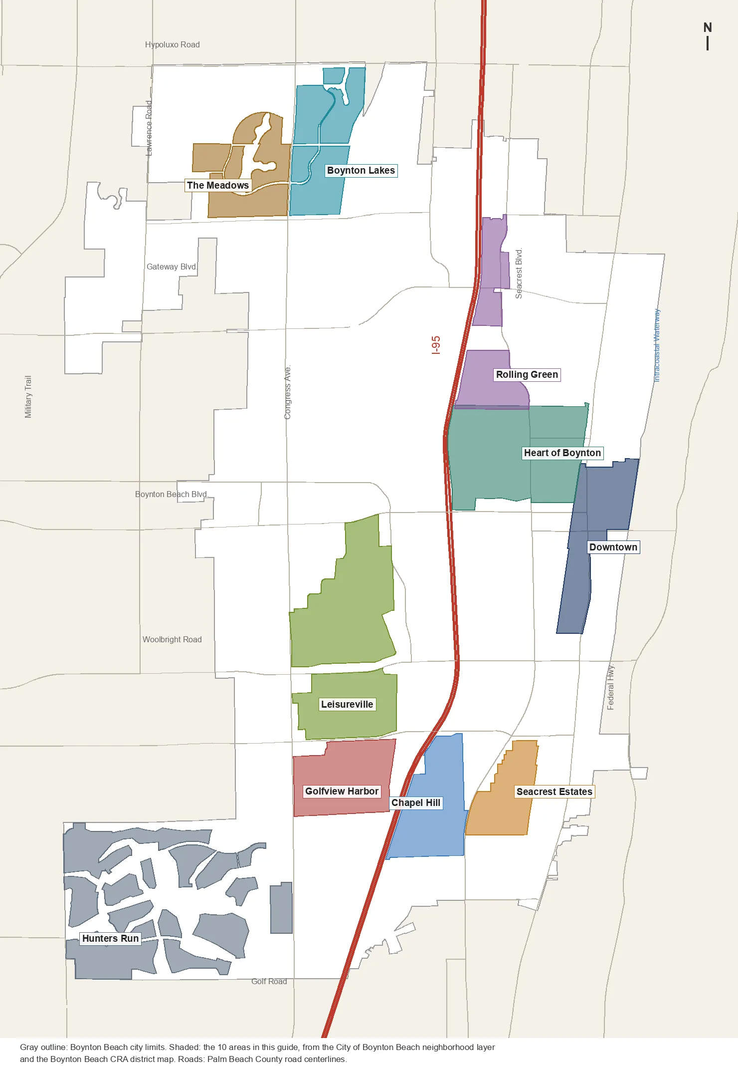 Map of Boynton Beach with 10 shaded neighborhoods: The Meadows and Boynton Lakes on either side of Congress Avenue in the north, Rolling Green and the Heart of Boynton between I-95 and Federal Highway, Downtown along Federal Highway, Leisureville, Golfview Harbor, Chapel Hill and Seacrest Estates in the south-central city, and Hunters Run in the southwest corner
