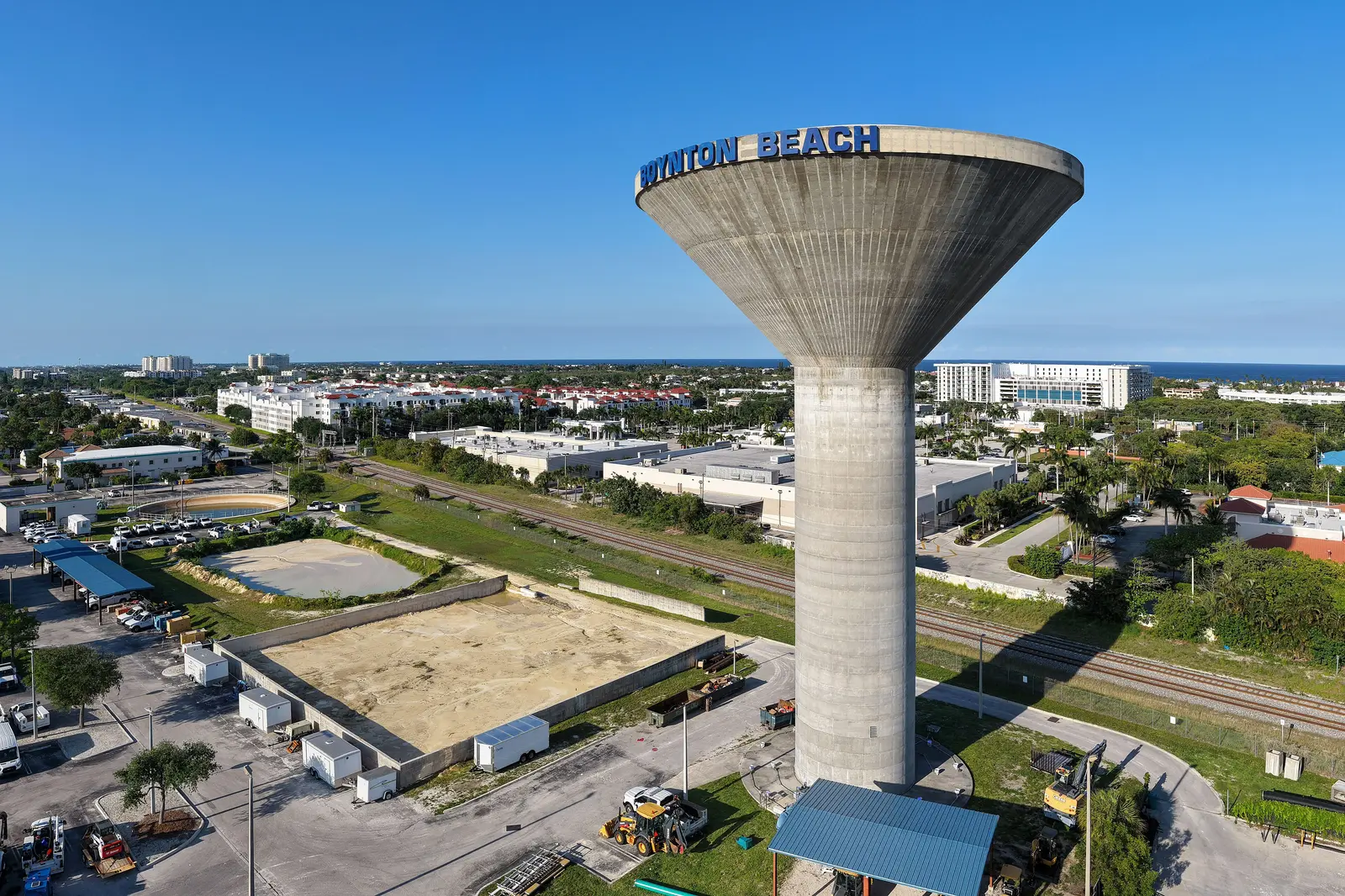 The Boynton Beach water tower, with the city stretching east to the Atlantic Ocean.