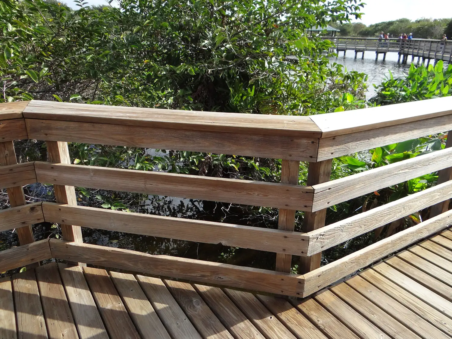 The boardwalk winds over open water at Wakodahatchee Wetlands on Jog Road.