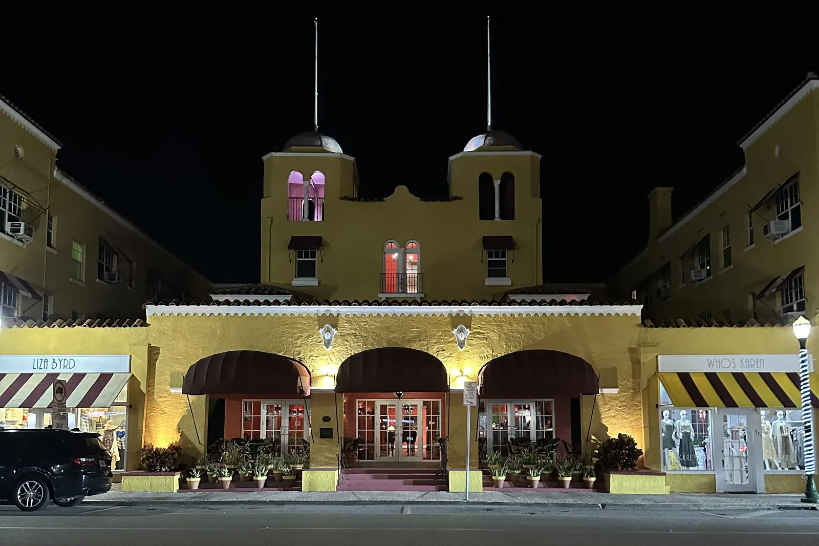 The Colony Hotel on Atlantic Avenue in downtown Delray Beach at night.