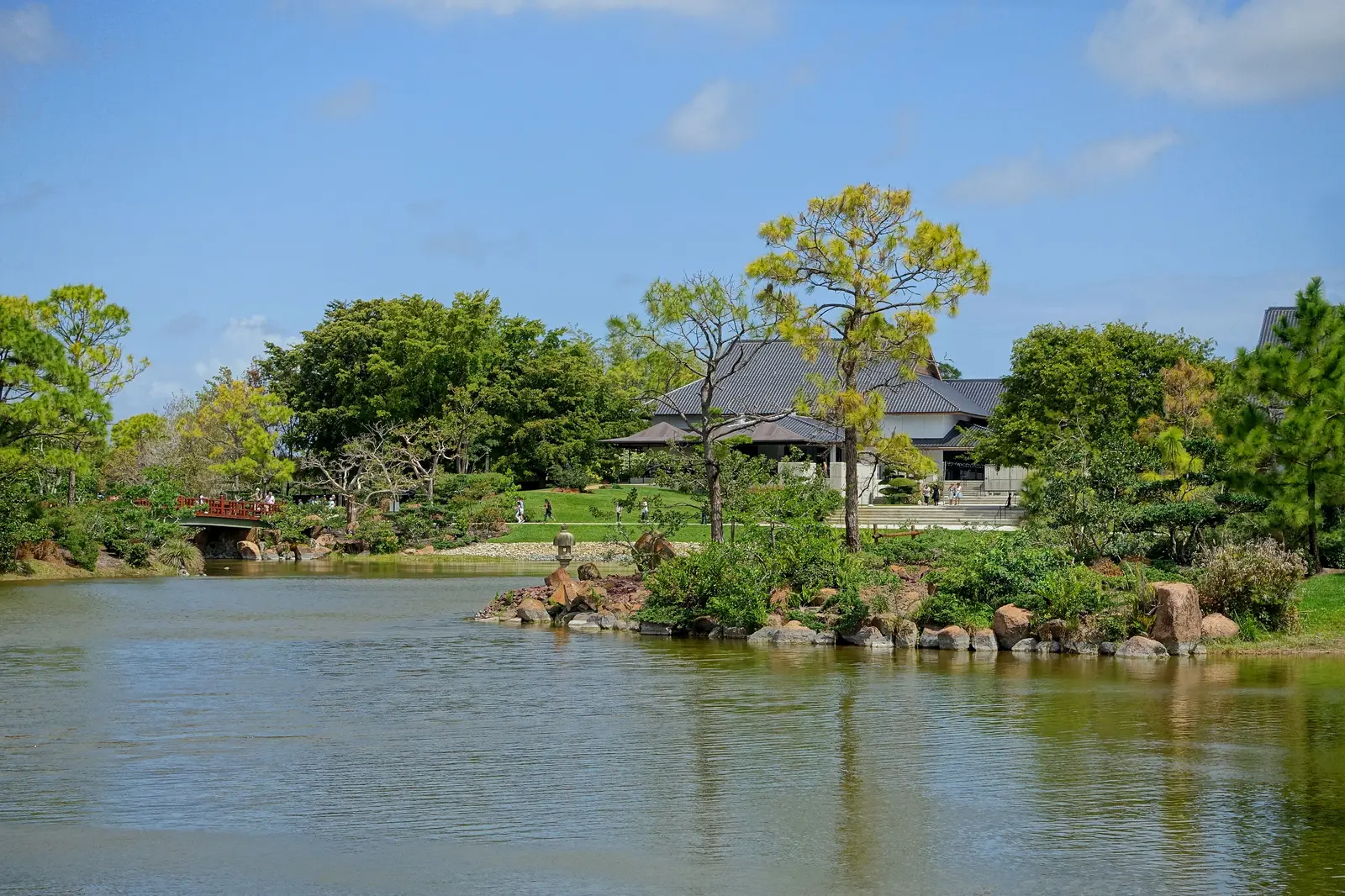 The museum building across the lake at the Morikami Museum and Japanese Gardens, west of Delray Beach.