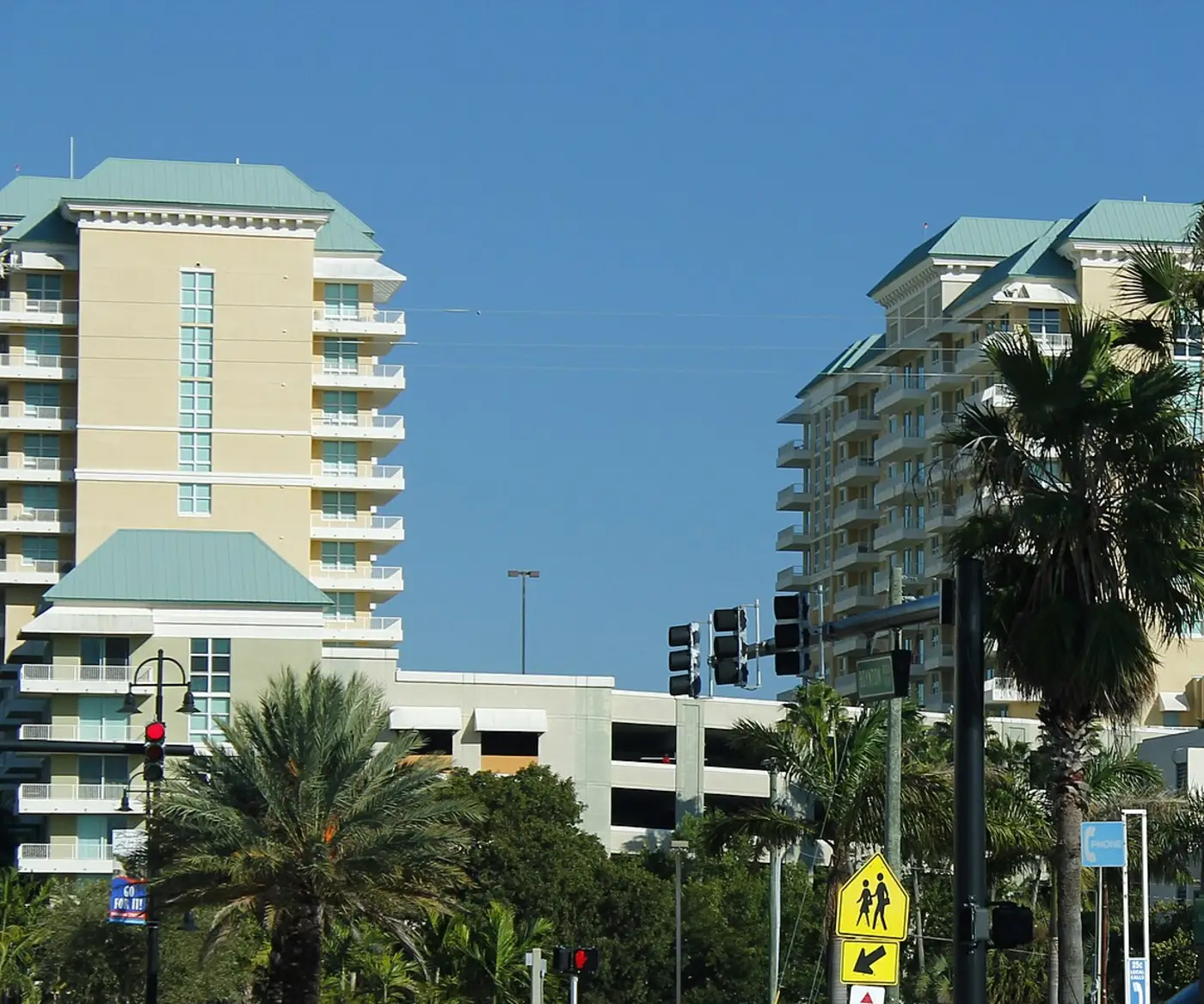 Storefronts and the Marina Village towers near Boynton Beach Boulevard and U.S. 1 downtown.